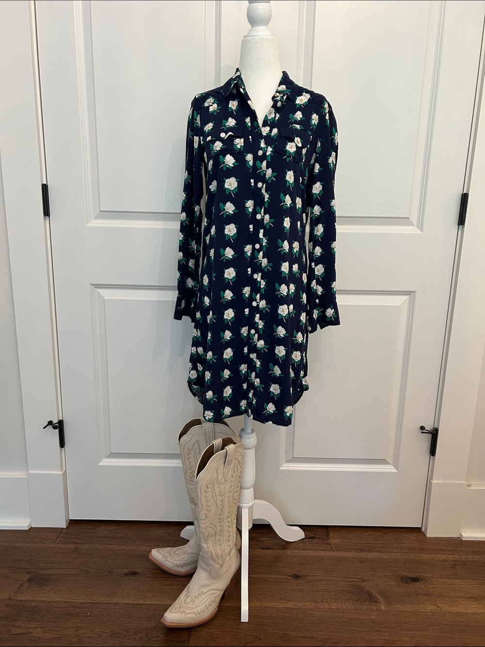 Draper James Navy Floral Button-Front Shirt Dress